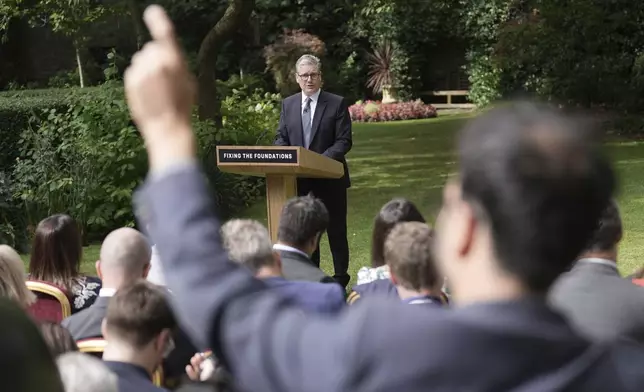 FILE - Britain's Prime Minister Keir Starmer takes a question, during a press conference in the Rose Garden at 10 Downing Street, London, Tuesday, Aug. 27, 2024. (Stefan Rousseau/Pool Photo via AP, File)