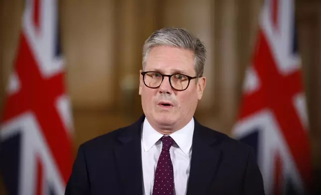 Britain's Prime Minister Keir Starmer makes a statement on the evolving situation in the Middle East, inside 10 Downing Street in London, Tuesday, Oct. 1, 2024. (Benjamin Cremel/Pool Photo via AP)