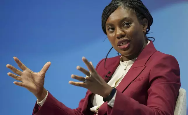 Leadership contender Kemi Badenoch during the Conservative Party Conference at the International Convention Centre in Birmingham, England, Monday, Sept. 30, 2024. (Jacob King/PA via AP)