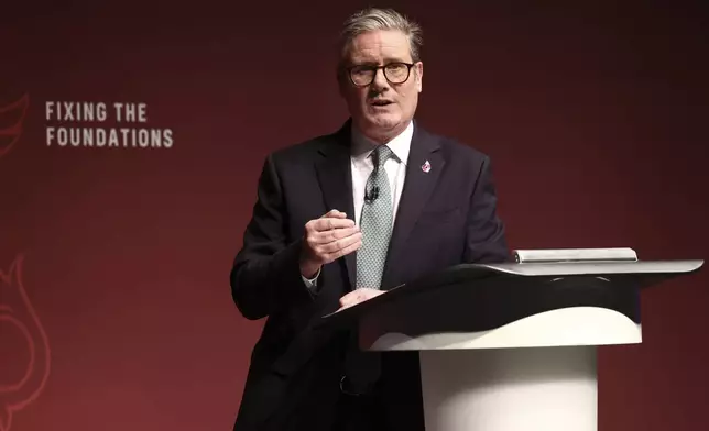 Britain's Prime Minister Prime Keir Starmer speaking at an event in the West Midlands, England, Monday, Oct. 28, 2024. (AP Photo/Darren Staples)