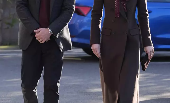 Britain's Prince William and Kate, Princess of Wales, arrive to meet rescue workers and the families of those caught up in the Southport knife attack earlier this year in Southport, England, Thursday, Oct. 10, 2024. (Danny Lawson, Pool Photo via AP)