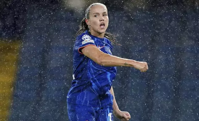 Chelsea's Guro Reiten celebrates after scoring her side's second goal during the women's Champions League group B soccer match between FC Chelsea and Real Madrid in London, England, Tuesday, Oct. 8, 2024. (Zac Goodwin/PA via AP)