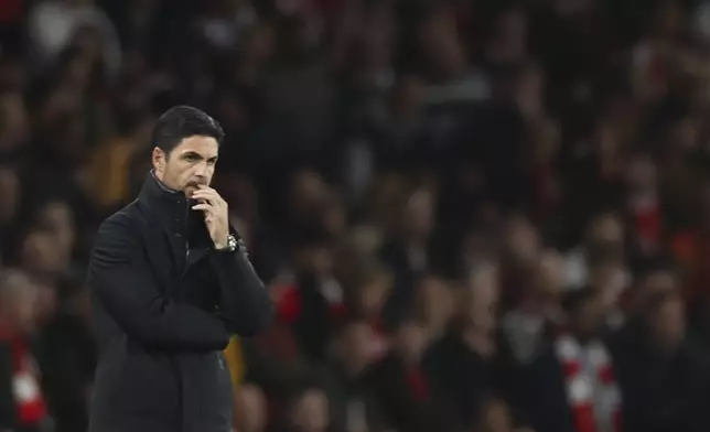 Arsenal's manager Mikel Arteta reacts during the Champions League opening phase soccer match between Arsenal and Shakhtar Donetsk, at the Emirates Stadium in London, Tuesday, Oct. 22, 2024. (AP Photo/Ian Walton)