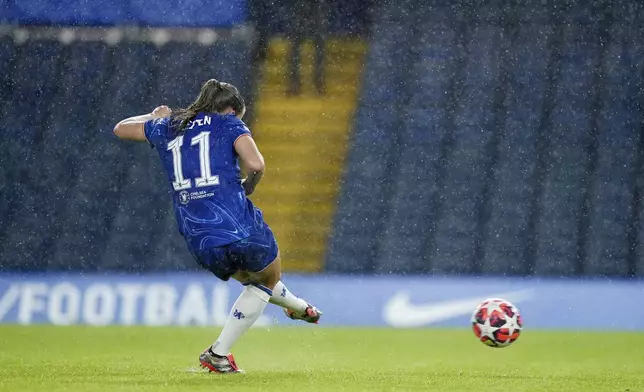 Chelsea's Guro Reiten scores her side's second goal during the women's Champions League group B soccer match between FC Chelsea and Real Madrid in London, England, Tuesday, Oct. 8, 2024. (Zac Goodwin/PA via AP)