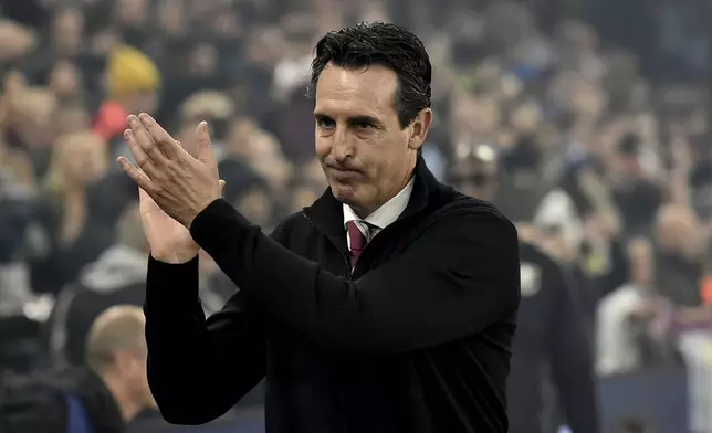 Aston Villa's head coach Unai Emery during the Champions League opening phase soccer match between Aston Villa and Bologna at the Villa Park in Birmingham, England, Tuesday, Oct. 22, 2024. (AP Photo/Rui Vieira)