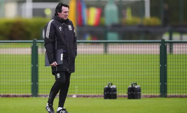 Aston Villa manager Unai Emery attends a training session at Bodymoor Heath Training Centre, Birmingham, England, Tuesday, Oct. 1, 2024. Aston Villa will face Bayern Munich in the Champions League opening phase soccer match on Wednesday. (Mike Egerton/PA via AP)