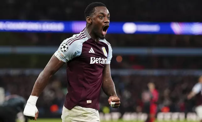 Aston Villa's Jhon Duran celebrates after the Champions League opening phase soccer match between Aston Villa and Bayern Munich, at Villa Park in Birmingham, England, Wednesday, Oct. 2, 2024. (David Davies/PA via AP)