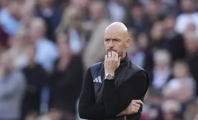 Manchester United manager Erik ten Hag on the touchline during the English Premier League soccer match between West Ham United and Manchester United at the London Stadium in London, Sunday, Oct. 27, 2024. (John Walton/PA via AP)