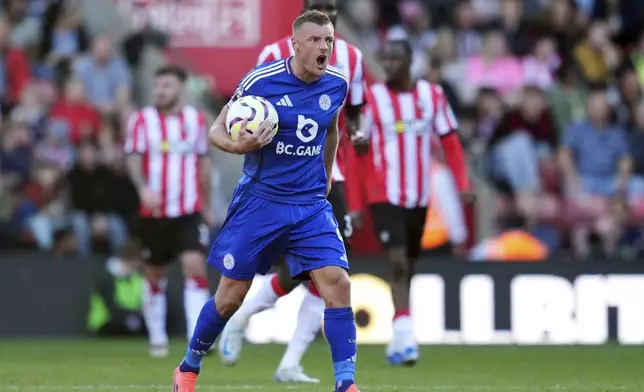 Leicester City's Jamie Vardy celebrates scoring his side's second goal of the game , during the English Premier League soccer match between Southampton and Leicester City, at St Mary's Stadium, in Southampton, England, Saturday, Oct. 19, 2024. (Adam Davy/PA via AP)