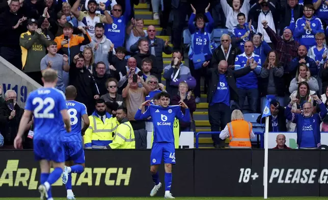 Leicester City's Facundo Buonanotte celebrates scoring their side's first goal of the game during the Premier League match at the King Power Stadium, London, Saturday Oct. 5, 2024. (Mike Egerton/PA via AP)