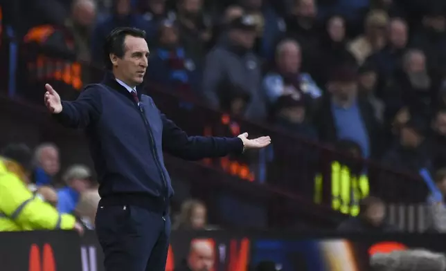 Aston Villa's head coach Unai Emery reacts during the English Premier League soccer match between Aston Villa and Manchester United, at Villa Park in Birmingham, England, Sunday, Oct. 6, 2024. (AP Photo/Rui Vieira)