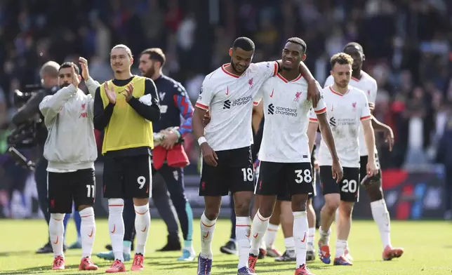 From left: Liverpool's Mohamed Salah, Darwin Nunez, Cody Gakpo, Ryan Gravenberch and Diogo Jota celebrate after the English Premier League soccer match between Crystal Palace and Liverpool at Selhurst Park in London, Saturday, Oct. 5, 2024.(AP Photo/Ian Walton)