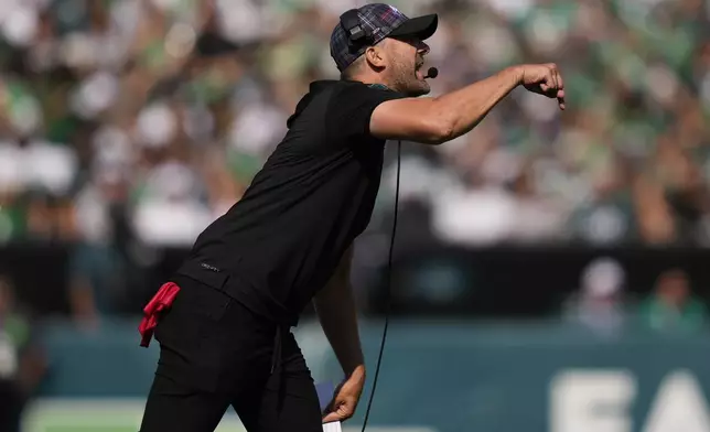 Philadelphia Eagles head coach Nick Sirianni gestures during the first half of an NFL football game against the Cleveland Browns on Sunday, Oct. 13, 2024, in Philadelphia. (AP Photo/Matt Slocum)