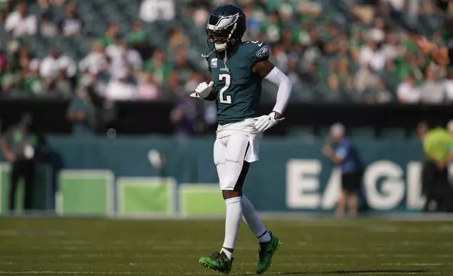 Philadelphia Eagles cornerback Darius Slay Jr. (2) walks off the field after an injury during the second half of an NFL football game against the Cleveland Browns on Sunday, Oct. 13, 2024, in Philadelphia. (AP Photo/Matt Slocum)