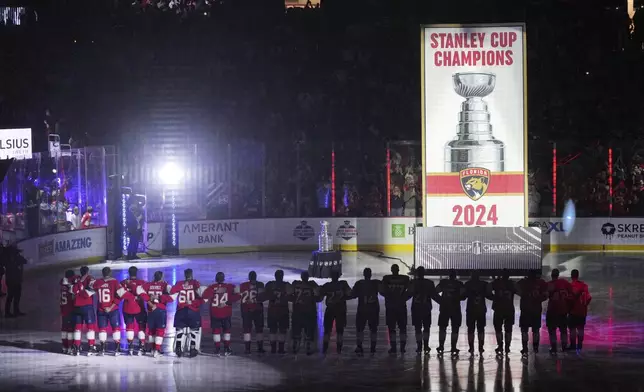 The Florida Panthers raise their Stanley Cup championship banner before the start of the NHL hockey game against the Boston Bruins, Tuesday, Oct. 8, 2024, in Sunrise, Fla. (AP Photo/Jim Rassol)