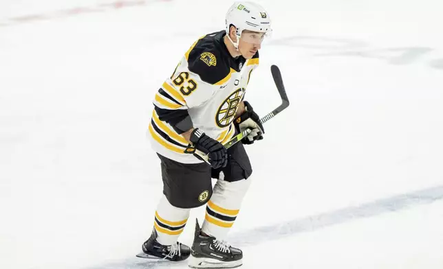 Boston Bruins left wing Brad Marchand warms up before an NHL hockey game against the Utah Hockey Club, Saturday, Oct. 19, 2024, in Salt Lake City. (AP Photo/Spenser Heaps)