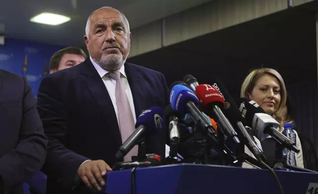 Boyko Borissov, GERB's party leader, speaks during press conference after the exit polls show he is the likely winner of Bulgaria, Sunday, Oct. 27, 2024. (AP Photo/Valentina Petrova)