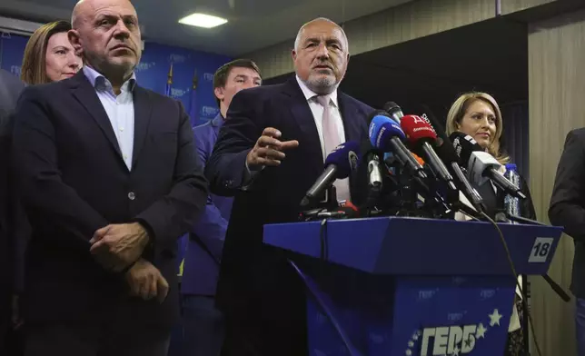 Boyko Borissov, GERB's party leader, speaks during press conference after the exit polls show he is the likely winner of Bulgaria, Sunday, Oct. 27, 2024. (AP Photo/Valentina Petrova)