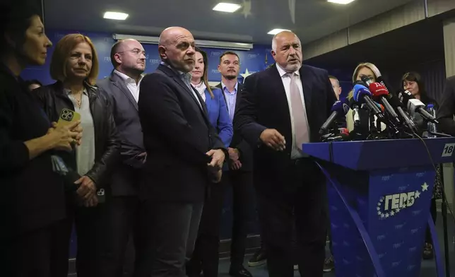 Boyko Borissov, GERB's party leader, speaks during press conference after the exit polls show he is the likely winner of Bulgaria, Sunday, Oct. 27, 2024. (AP Photo/Valentina Petrova)