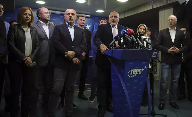 Boyko Borissov, GERB's party leader, speaks during press conference after the exit polls show he is the likely winner of Bulgaria, Sunday, Oct. 27, 2024. (AP Photo/Valentina Petrova)