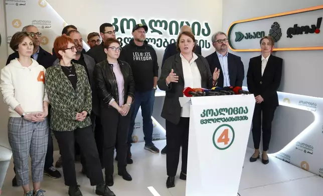 Elene Khoshtaria, the leader of the Strong Georgia Coalition, speaks to the media at the coalition's headquarters after the parliamentary election in Tbilisi, Georgia, early Sunday, Oct. 27, 2024. (AP Photo/Zurab Tsertsvadze)