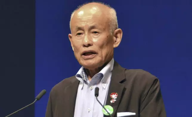 CORRECTS NAME - Toshiyuki Mimaki, president of Nihon Hidankyo, or the Japan Confederation of A- and H-Bomb Sufferers Organizations, speaks in an anti-atomic bomb meeting in Hiroshima, Japan, Aug. 4, 2022. Ninon Hidankyo has been awarded the 2024 Nobel Peace Prize. (Kyodo News via AP)