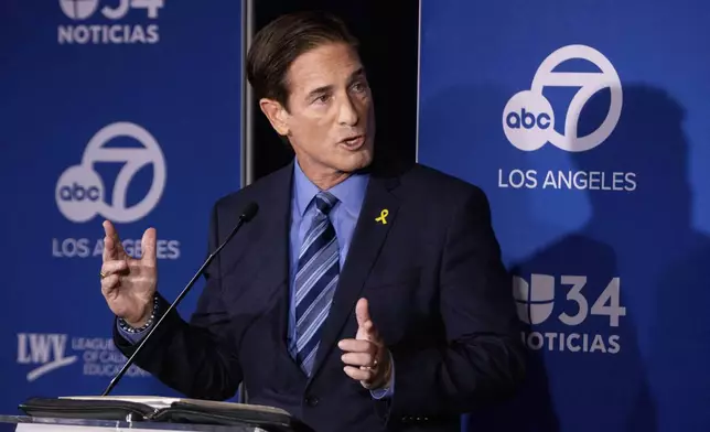 Former federal prosecutor Republican candidate Nathan Hochman speaks during the 2024 Los Angeles County district attorney candidate forum with incumbent Democratic Los Angeles County District Attorney George Gascón in Los Angeles, Sunday, Sept. 29, 2024. (AP Photo/Ethan Swope)