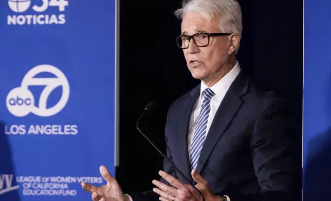 Los Angeles County District Attorney George Gascón speaks during the 2024 Los Angeles County district attorney candidate forum with challenger former federal prosecutor Republican candidate Nathan Hochman in Los Angeles, Sunday, Sept. 29, 2024. (AP Photo/Ethan Swope)