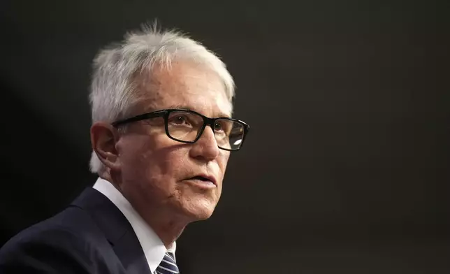 Los Angeles County District Attorney George Gascon, talks during a news conference at the Hall of Justice on Thursday, Oct. 24, 2024, in Los Angeles. (AP Photo/Eric Thayer)