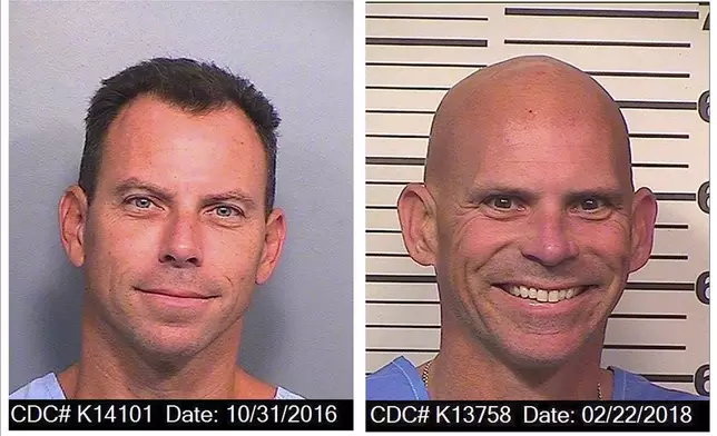 FILE - An Oct. 31, 2016, photo provided by the California Department of Corrections and Rehabilitation shows Erik Menendez, left, and a Feb. 22, 2018 photo provided by the California Department of Corrections and Rehabilitation shows Lyle Menendez. (California Department of Corrections and Rehabilitation via AP, File )