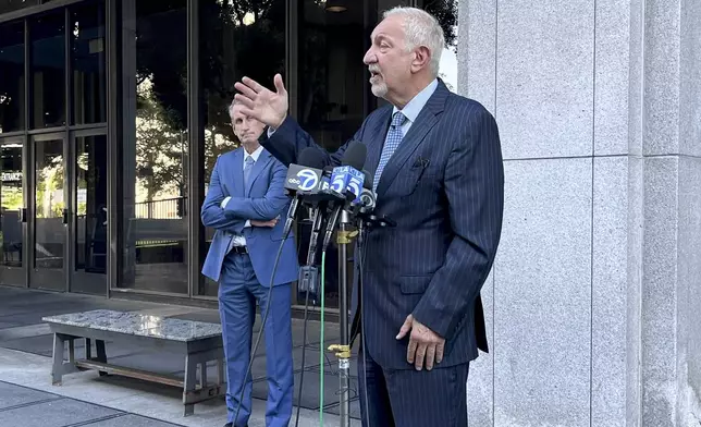 Attorney Mark Geragos informs the media on developments on the case of brothers Lyle and Erik Menendez, both serving life sentences for the murder of their parents in 1989, Thursday, Oct. 3, 2024 in Los Angeles. (AP Photo/Jaimie Ding)