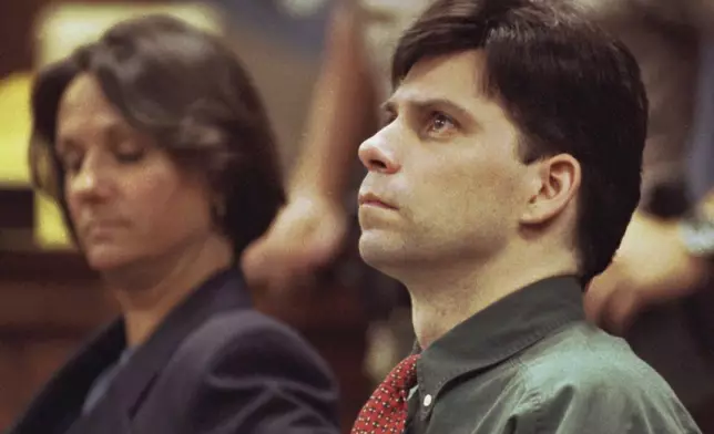 FILE - Lyle Menendez looks up during testimony in his and brother Erik's retrial for the shotgun slayings of their parents, Oct. 20, 1995 in Los Angeles. (Steve Grayson/Pool Photo via AP, File)