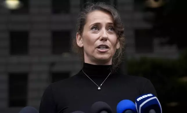 Anamaria Baralt, niece of Jose Menendez, speaks during a press conference to announce developments on the case of brothers Erik and Lyle Menendez, Wednesday, Oct. 16, 2024, in Los Angeles. (AP Photo/Damian Dovarganes)