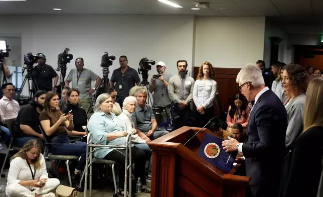 Los Angeles County District Attorney George Gascon, talks during a news conference at the Hall of Justice on Thursday, Oct. 24, 2024, in Los Angeles. (AP Photo/Damian Dovarganes)