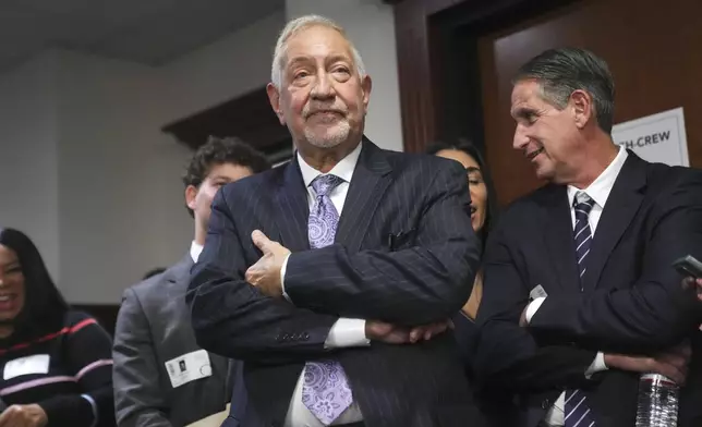 Mark Geragos, Erik and Lyle Menendezs' defense attorney waits at a news conference held by Los Angeles County District Attorney George Gascon at the Hall of Justice on Thursday, Oct. 24, 2024, in Los Angeles. (AP Photo/Eric Thayer)