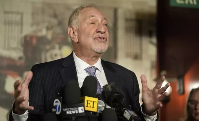 Mark Geragos defense attorney for Erik and Lyle Menendez talks during a news conference on Thursday, Oct. 24, 2024, in Los Angeles. (AP Photo/Damian Dovarganes)