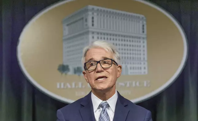 FILE - Los Angeles County District Attorney George Gascon addresses the media at a news conference at the Hall of Justice in Los Angeles on Tuesday, Oct. 22, 2024. (AP Photo/Damian Dovarganes, File)