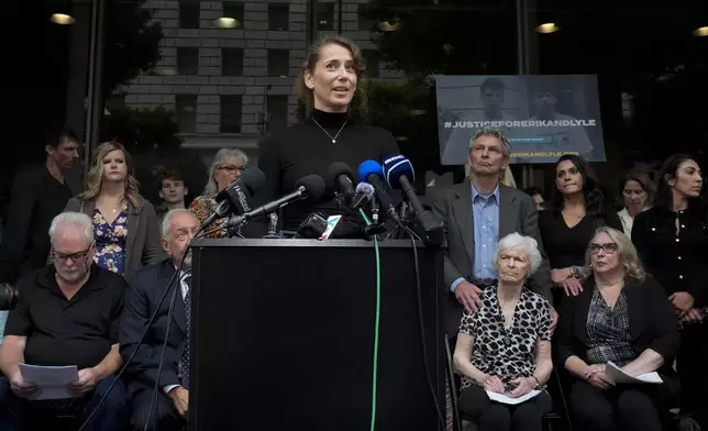 Anamaria Baralt, niece of Jose Menendez, speaks during a press conference to announce developments on the case of brothers Erik and Lyle Menendez, Wednesday, Oct. 16, 2024, in Los Angeles. (AP Photo/Damian Dovarganes)