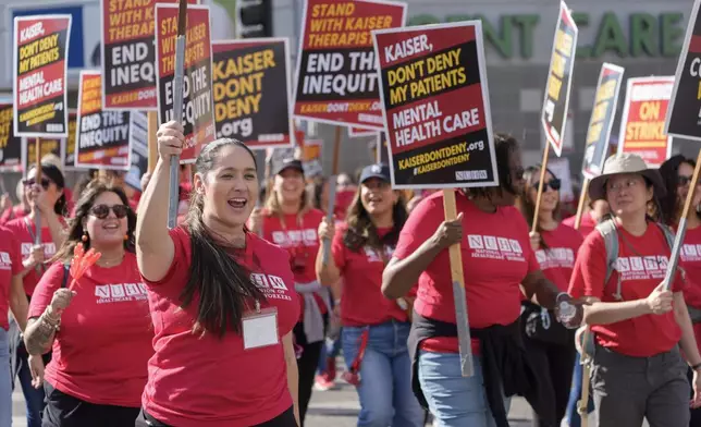 Mental health workers rally outside Kaiser Permanente Los Angeles Medical Center as they begin an open-ended strike in Los Angeles Monday, Oct. 21, 2024. (AP Photo/Damian Dovarganes)