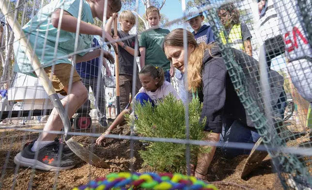 Santiago parent volunteer Stacie Aguesse, right, helps students plant a small Giant Sequoia tree from NASA's Artemis I Mission's tree seeds that traveled around the moon twice, as NASA scientists, JPL engineers, US Forest Service representatives, and teachers join Santiago STEAM Magnet Elementary School students at a ceremony to plant it after the school was honored in the spring of 2024 to become NASA Moon Tree Stewards in Lake Forest, Calif., on Monday, Oct. 14, 2024. (AP Photo/Damian Dovarganes)