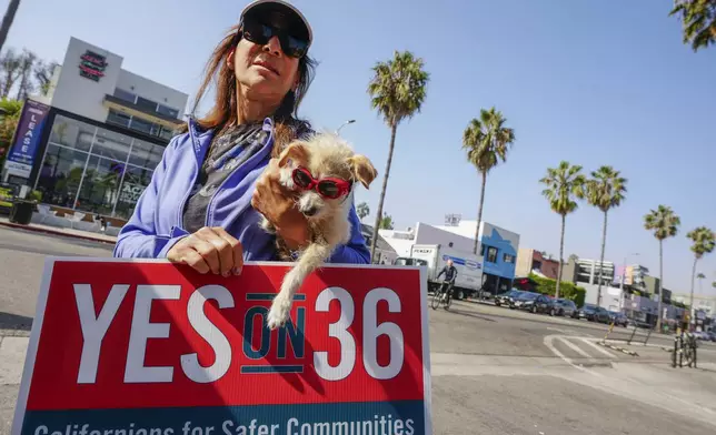 Robin Murez holds her dog "Astro" as she joins neighbors and local business owners to support California's Proposition 36 on the November ballot at a news conference in the Venice neighborhood of Los Angeles on Monday, Sept. 30, 2024. (AP Photo/Damian Dovarganes)