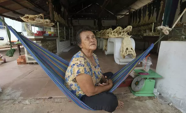 Crocodile farmer Ry Lean, 73, speaks with The Associated Press at her home in Siem Reap province, Cambodia, on Aug. 2, 2024. (AP Photo/Heng Sinith)