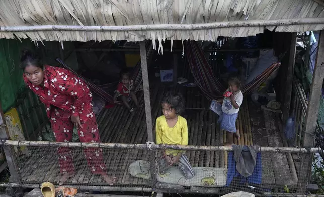 A fisher family in their home at a floating village, by the Tonle Sap in Kampong Chhnang province, Cambodia, Thursday, Aug. 1, 2024, (AP Photo/Heng Sinith)