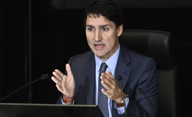 Prime Minister Justin Trudeau appears as a witness at the Foreign Interference Commission in Ottawa, in Ottawa, on Wednesday, Oct. 16, 2024. (Justin Tang/The Canadian Press via AP)