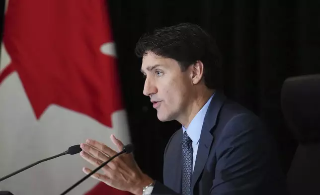 Prime Minister Justin Trudeau appears as a witness at the federal inquiry into foreign interference in Ottawa on Wednesday, Oct. 16, 2024.(Sean Kilpatrick /The Canadian Press via AP)