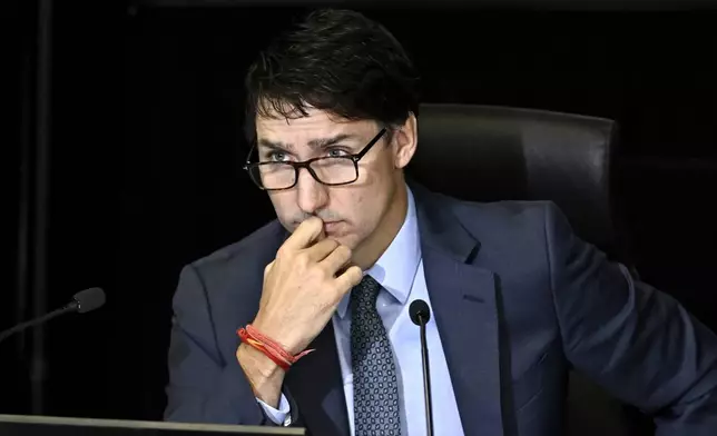 Canada's Prime Minister Justin Trudeau appears as a witness at the Foreign Interference Commission in Ottawa, Ontario, Wednesday, Oct. 16, 2024. (Justin Tang/The Canadian Press via AP)