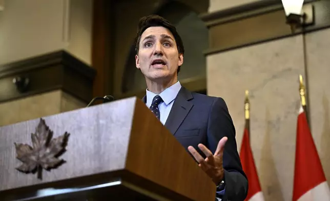 Canadian Prime Minister Justin Trudeau speaks at a news conference on the investigative efforts related to violent criminal activity occurring in Canada with connections to India, on Parliament Hill in Ottawa, Ontario, on Monday, Oct. 14, 2024. (Justin Tang/The Canadian Press via AP)