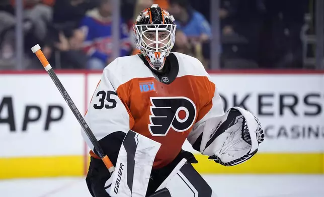 Philadelphia Flyers' Aleksei Kolosov plays during the first period of an NHL hockey game against the Montreal Canadiens, Sunday, Oct. 27, 2024, in Philadelphia. (AP Photo/Matt Slocum)