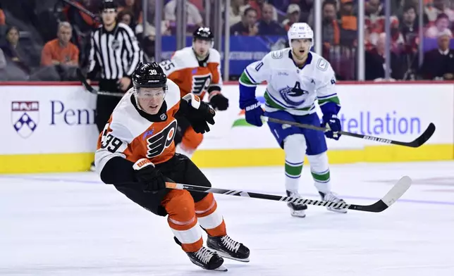 Philadelphia Flyers' Matvei Michkov skates for the puck during the second period of an NHL hockey game against the Vancouver Canucks, Saturday, Oct. 19, 2024, in Philadelphia. (AP Photo/Derik Hamilton)