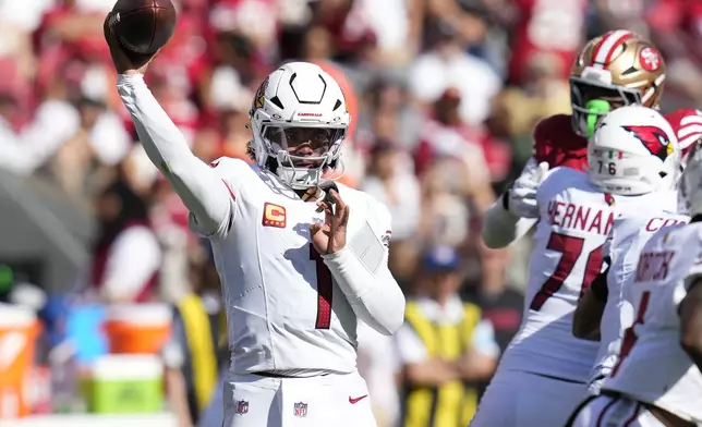 Arizona Cardinals quarterback Kyler Murray (1) passes against the San Francisco 49ers during the second half of an NFL football game in Santa Clara, Calif., Sunday, Oct. 6, 2024. (AP Photo/Godofredo A. Vásquez)